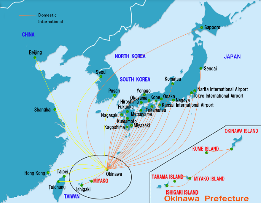 Access to Miyako Island in Okinawa of Japan Flight Map